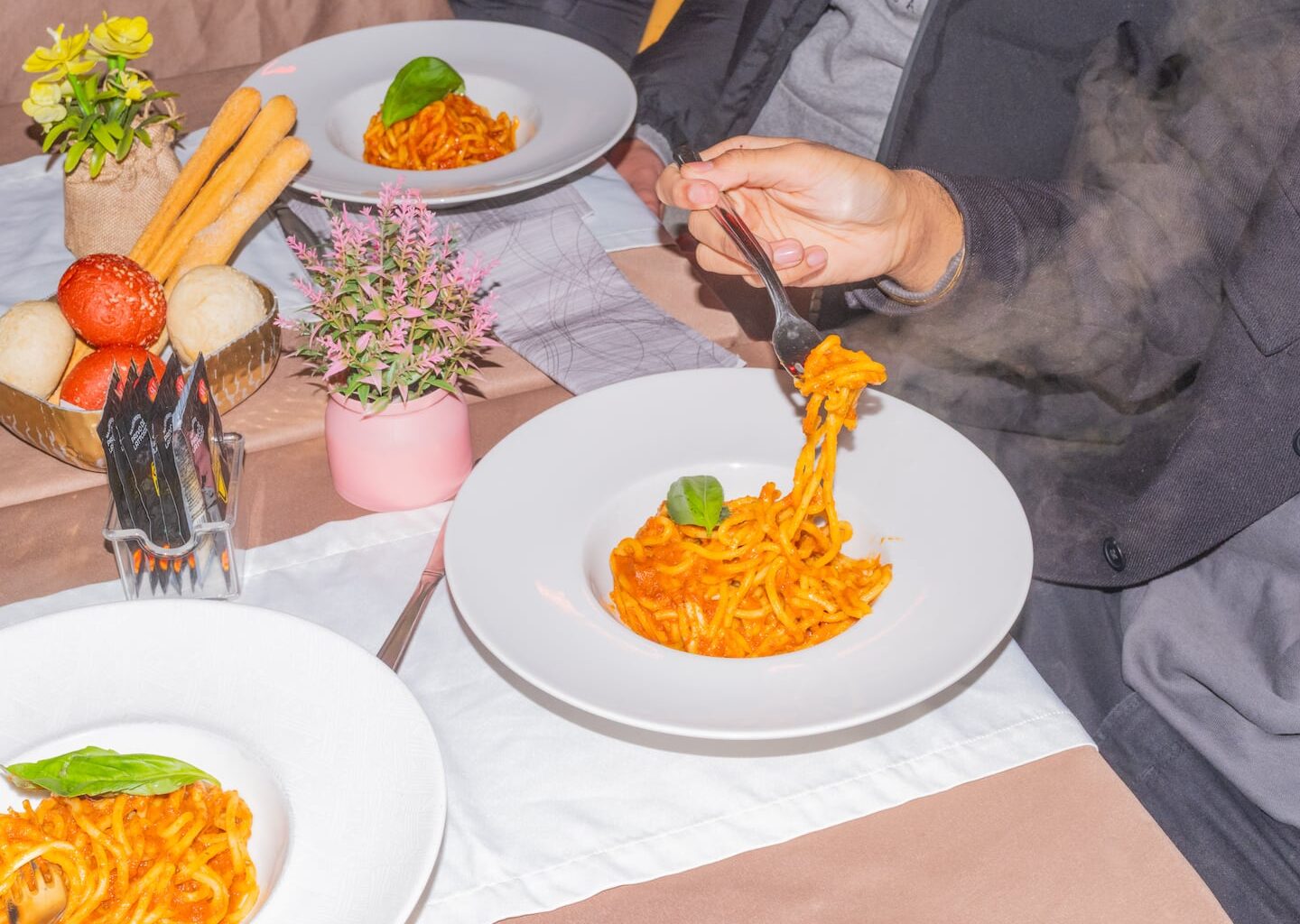 Pasta with tomato sauce at a restaurant in Milan on Feb. 3, 2026.