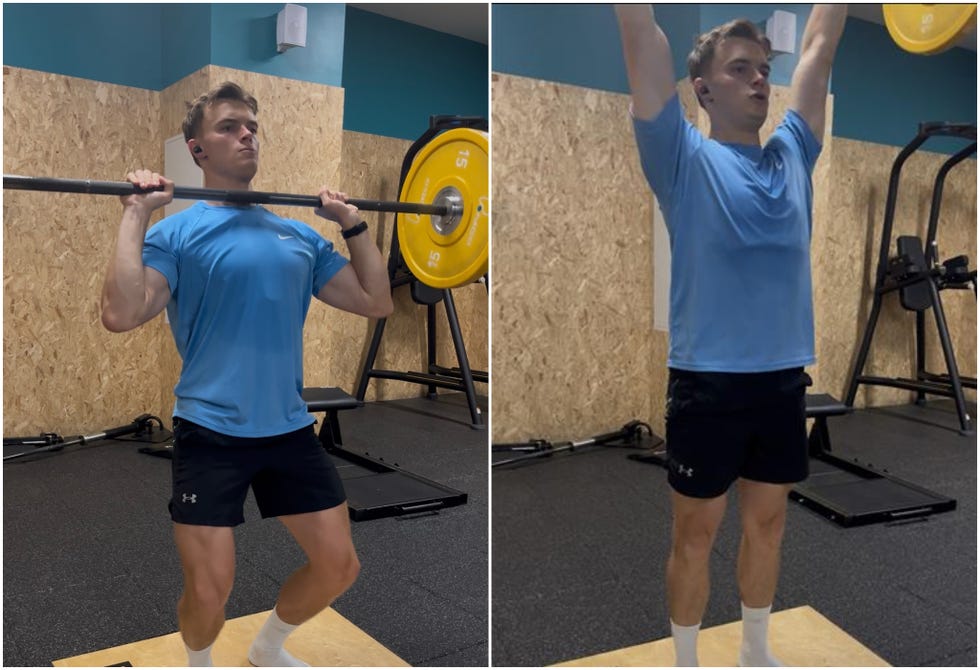 weightlifting exercise in a gym setting focusing on shoulder press