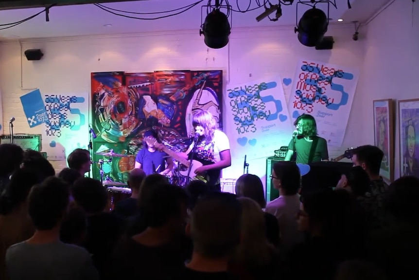 A woman plays guitar to a crowd under purple lights. 