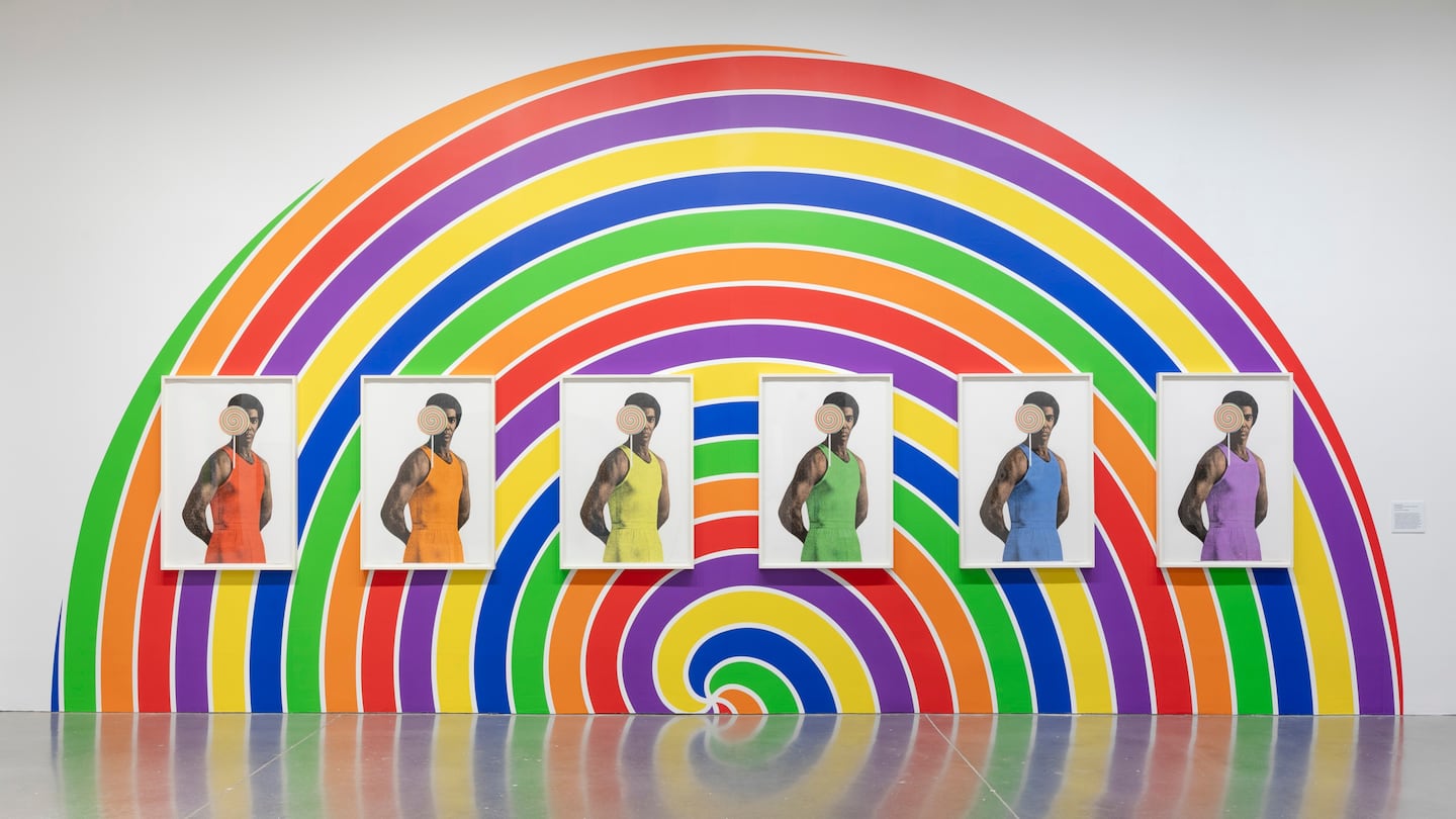 Derrick Adams, "Eye Candy," 2023. Installation view, "Derrick Adams: View Master," Institute of Contemporary Art/Boston, 2026. Courtesy the artist and Gagosian. © Derrick Adams.