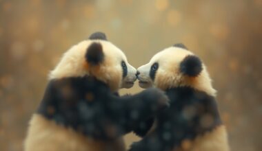 An abstract, impressionistic scene of two blurred, indistinct panda forms interacting playfully in a warm, soft-focused pool of light and color, conveying the growing affection and flirtation between the zoo