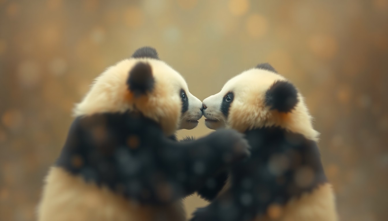 An abstract, impressionistic scene of two blurred, indistinct panda forms interacting playfully in a warm, soft-focused pool of light and color, conveying the growing affection and flirtation between the zoo