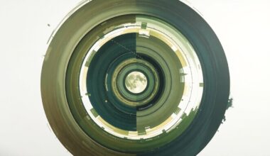 A highly structured abstract painting in soft, earthy tones of green, brown, and blue, featuring sweeping geometric arcs, concentric planetary circles, and precise botanical spirals, conceptually representing the complex scientific forces and concepts behind the Artemis II mission to the moon.