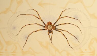 A bold, geometric abstract painting in earthy tones, featuring sweeping arcs, intersecting waveforms, and precise botanical spirals, conceptually representing the intricate natural order and dispersal mechanisms of the invasive Joro spider species.