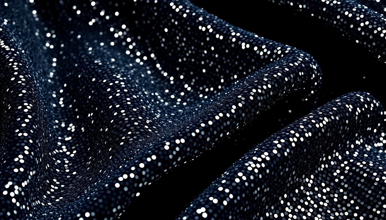 An extreme close-up photograph of a shimmering, glittering fabric texture in dramatic studio lighting, conveying a sense of luxury and glamour associated with the entertainment industry.