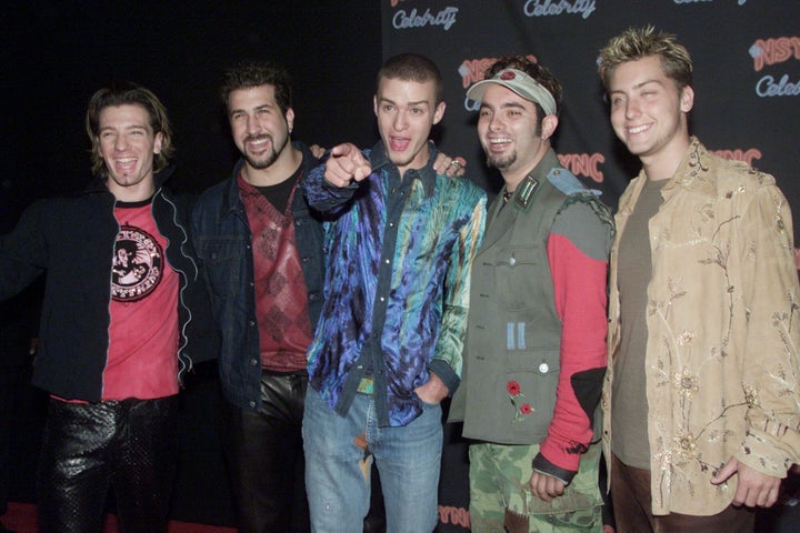 Joey Fatone, second from left, and Lance Bass, right, with the rest of the band in July 2001.