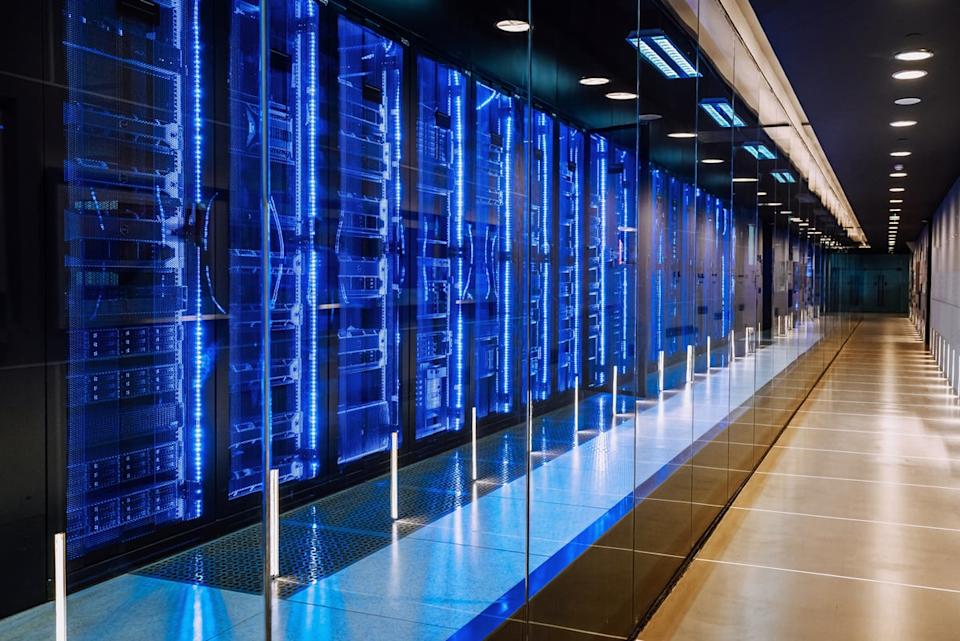 Server racks in a data center.