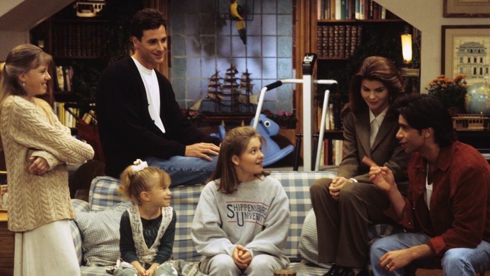 "Love on the Rocks" - Season Seven - 3/1/94, Stephanie (Jodie Sweetin, left), Danny (Bob Saget), Michelle (Mary Kate/Ashley Olsen), D.J. (Candace Cameron), Rebecca (Lori Loughlin) and Jesse (John Stamos) planned an attack on Joey after he played pranks on them., (Photo by ABC Photo Archives/Disney General Entertainment Content via Getty Images)