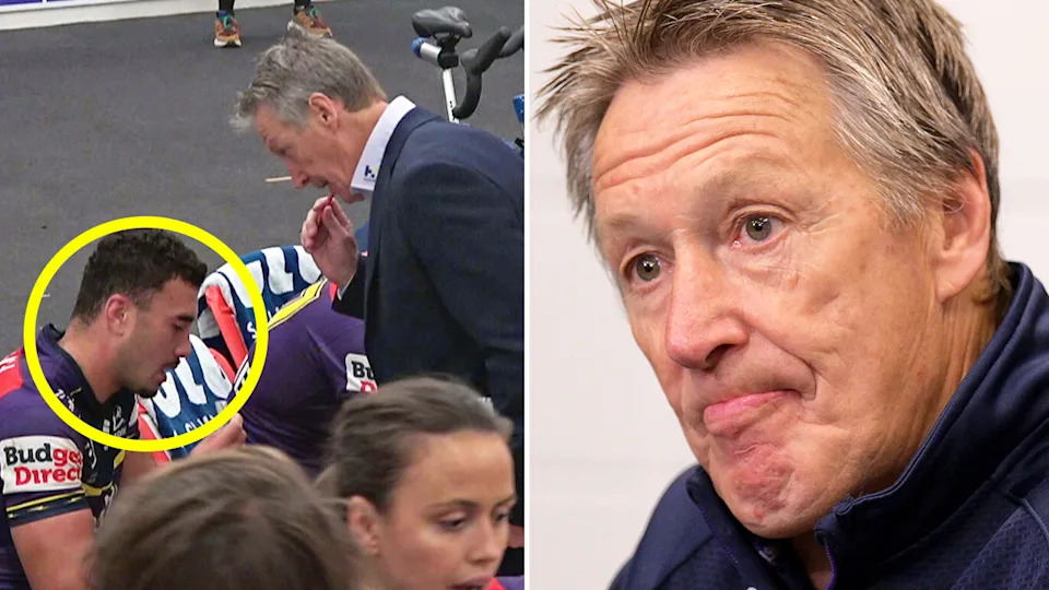 Melbourne Storm coach Craig Bellamy (pictured right) was seen in the dressing room giving it to the players before second-rower Joe Chan was hooked after half-time in their loss. (Images: Fox Sports/Getty Images)