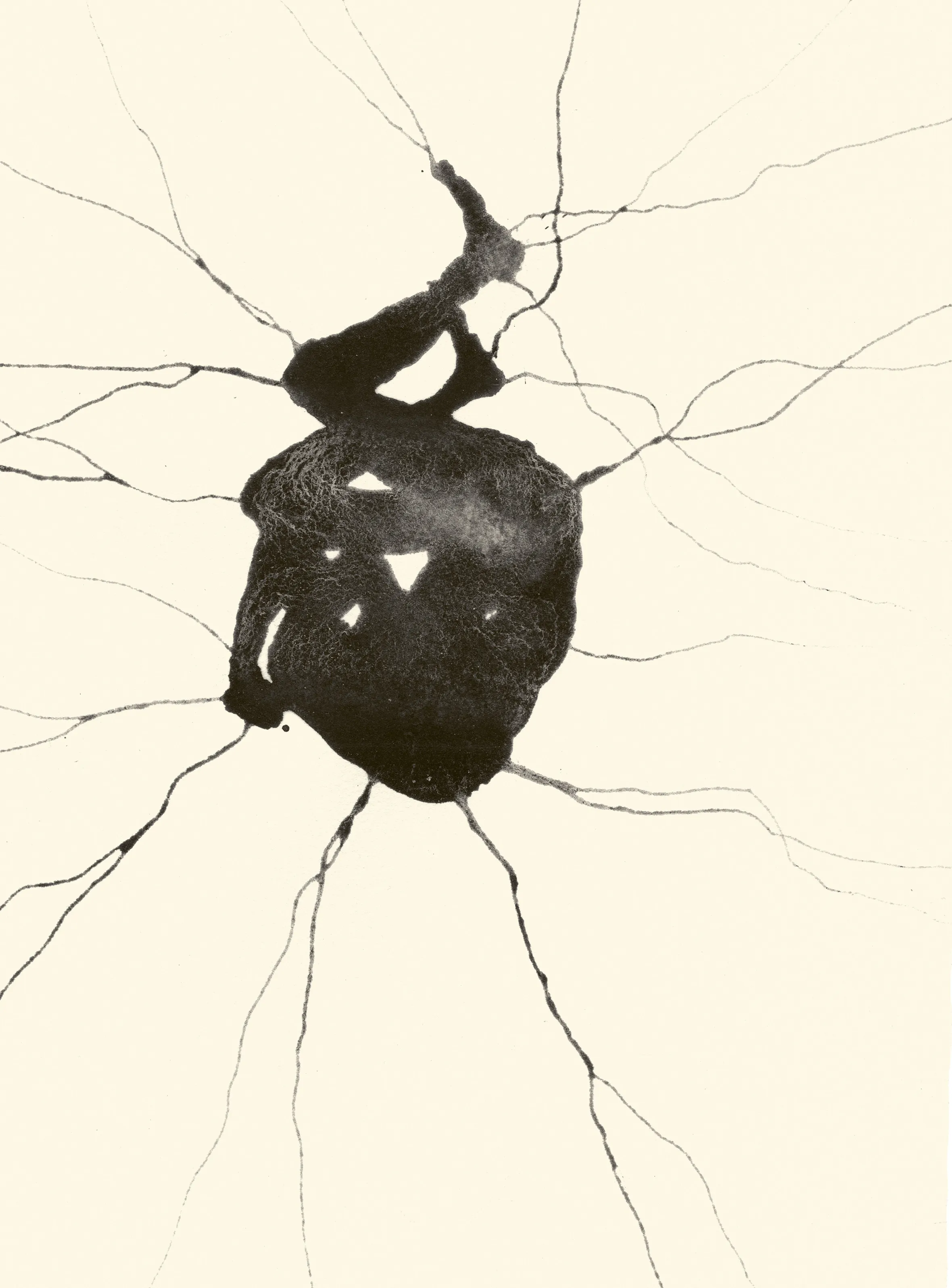 Illustration of an abstract black figure with thin lines extending from it, resembling a nerve cell, against a cream background.