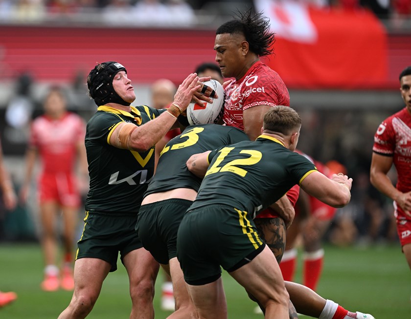 Haumole Olakau’atu takes on the Australia forwards in the 2024 Pacific Championships final.