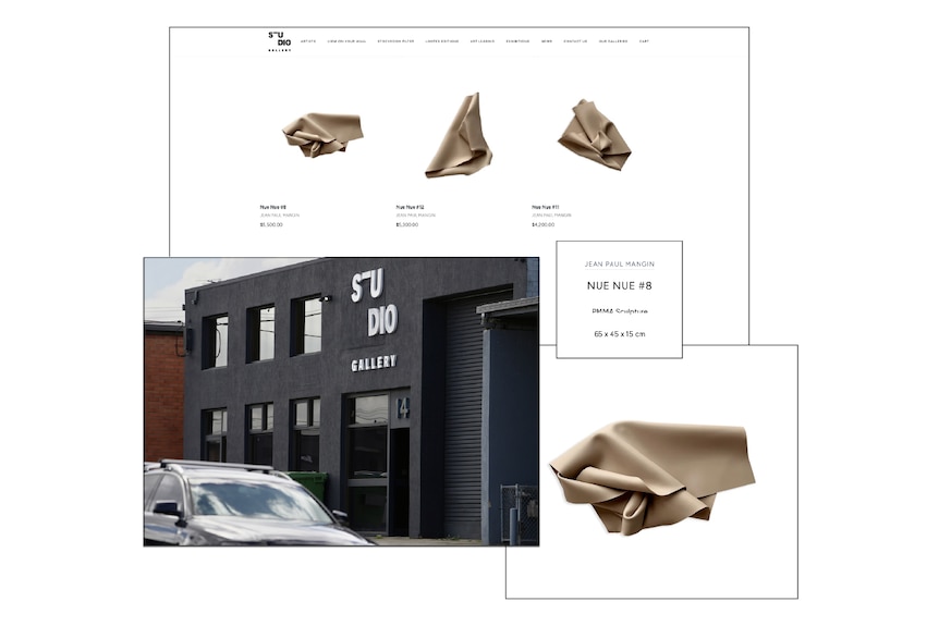 A collage of images, including a photo of Studio Gallery Group's grey building and screenshots of Mangin artworks for sale.