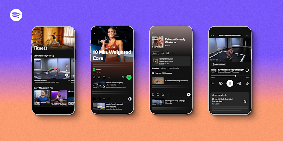 Spotify's Fitness section showing example workouts and video to follow along with.