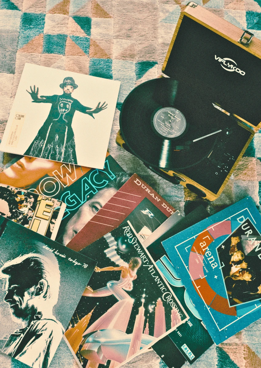 80s theme of several records around record player