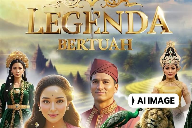 A promotional image for the series Legenda Bertuah featuring AI-generated characters.
