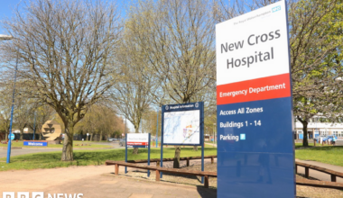 General view of the entrance of New Cross Hospial . on the right of the picture is a sign that reads New Crowss Hospital and trees can be seen in the background