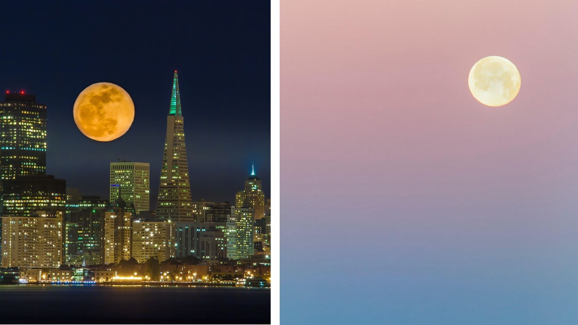 Two side by side images. The image on the left shows a golden moon over an illuminated cityscape with a dark blue night sky with the image on the right showing a paler moon in a pink and blue sky.