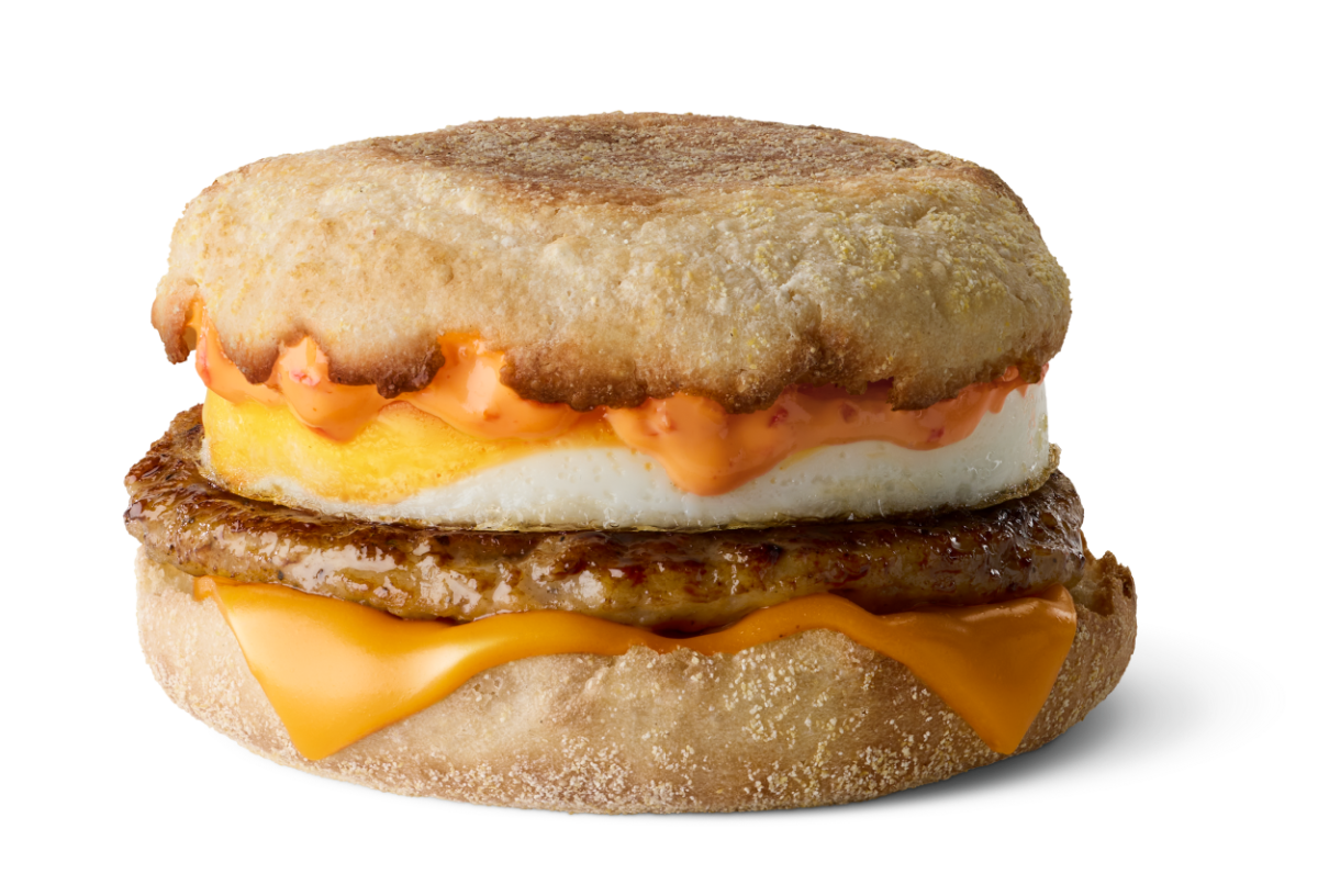 The Spicy Saja McMuffin is a sausage McMuffin with egg, topped with a peppery sauce.