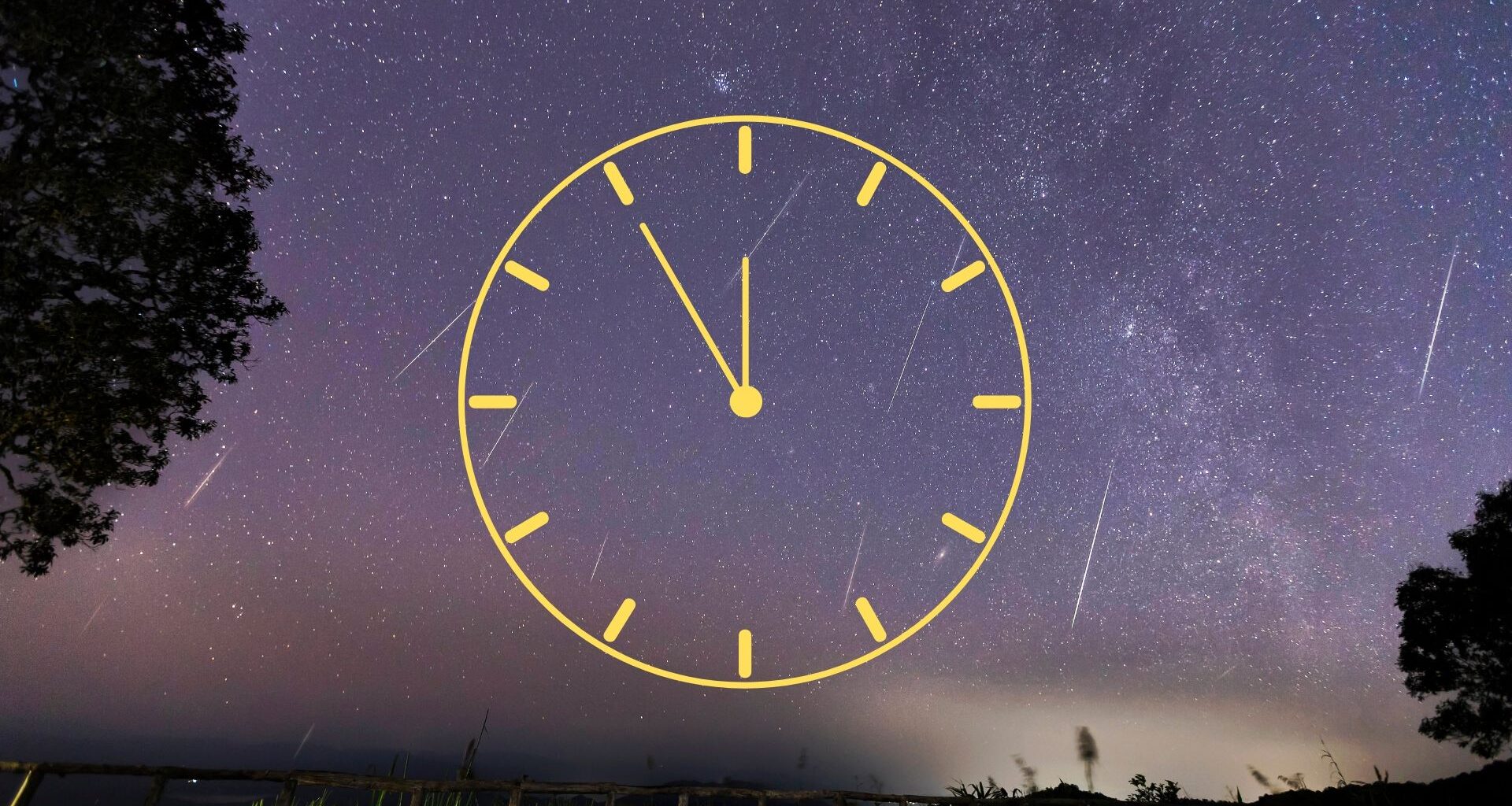 night sky filled with shooting stars and the milky way stretching across the scene. in the foreground is a yellow vector graphic of a clock face.