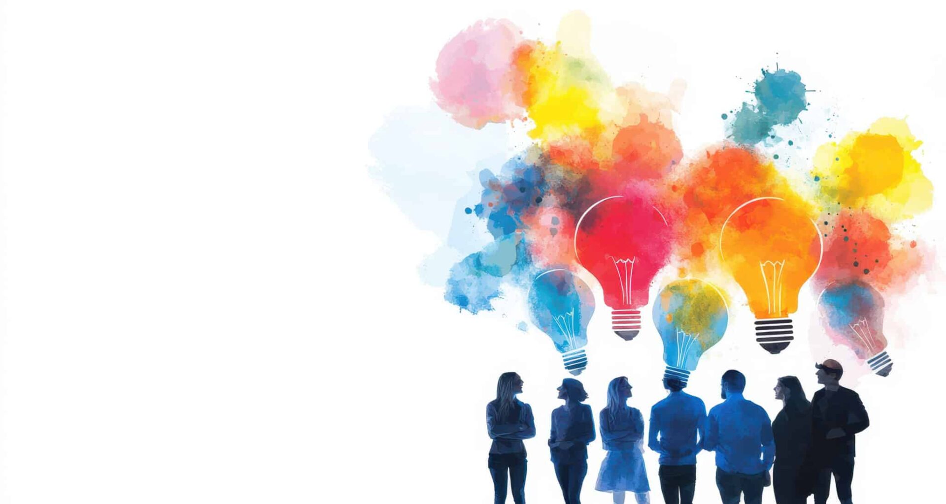 Creative brainstorming session with diverse individuals standing together, colorful light bulbs representing ideas above them, vibrant