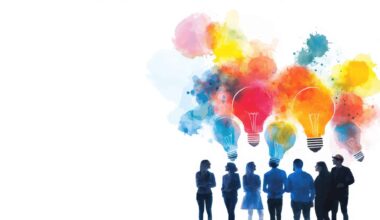 Creative brainstorming session with diverse individuals standing together, colorful light bulbs representing ideas above them, vibrant