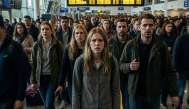 Passengers waiting at airport amid flight cancellations and delays.