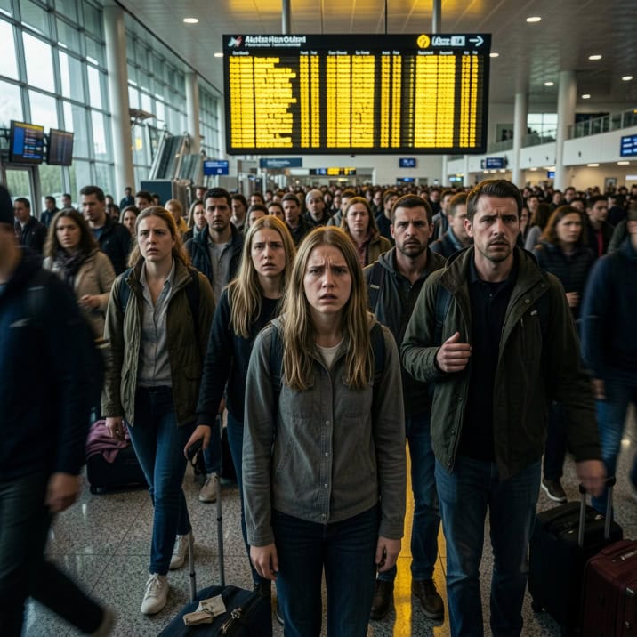 Passengers waiting at airport amid flight cancellations and delays.