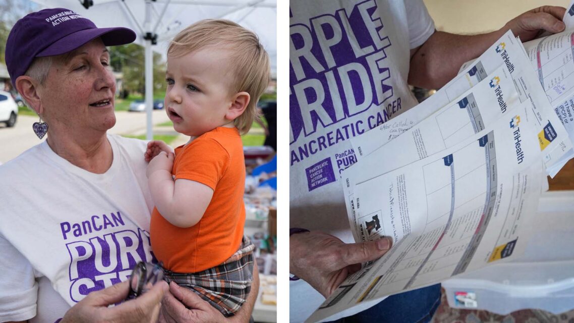 Two photos, one showing Barbara Thornton, wearing a purple t-shirt raising awareness about pancreatic cancer, holding her grandson, and the other showing multiple pages of hospital bills from cancer treatment.