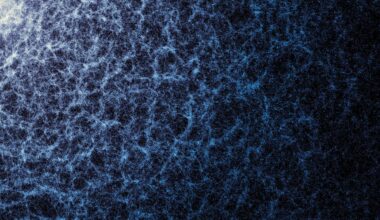 A blue and white map against a dark background. The denser areas indicate regions where galaxies and galaxy clusters have clumped together to form the strands of the cosmic web.