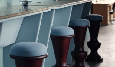 Image of a light blue bar with light blue and dark cherry wood bar stools.