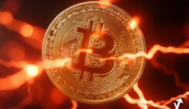 Pi&egrave;ce Bitcoin dor&eacute;e lumineuse face &agrave; un b&acirc;timent Federal Reserve illumin&eacute;, rayons de lumi&egrave;re blancs et dor&eacute;s les reliant, graphiques holographiques de taux d