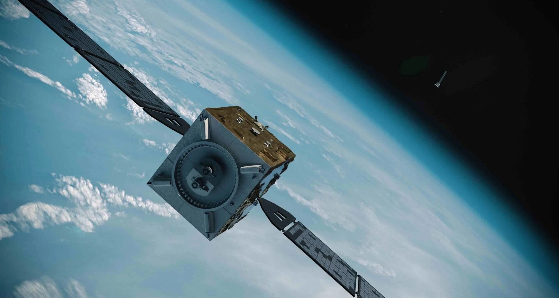 Artist's illustration of a cube-shaped satellite with two large solar wings in orbit above Earth