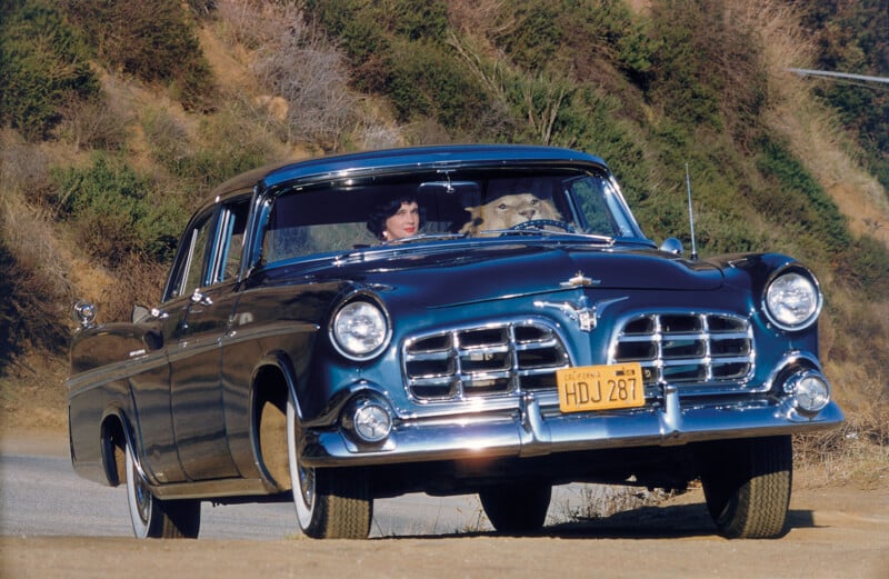 A woman sits in the driver’s seat of a vintage blue car with a large dog beside her; both look through the windshield on a sunlit road with dry hills in the background.