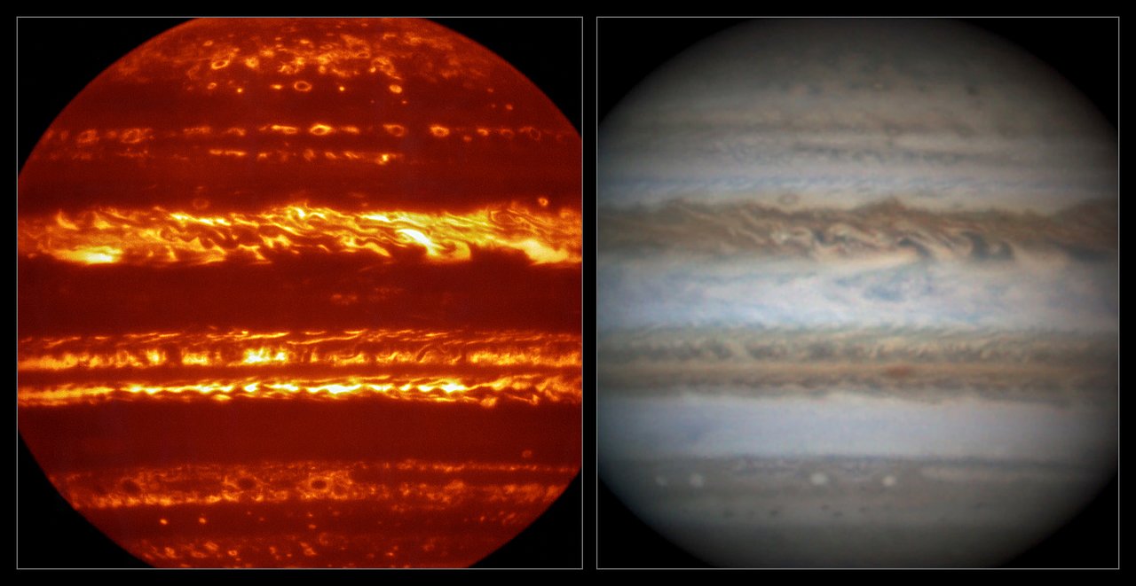 Two side by side comparisons of the same image of Jupiter. The image on the right shows its white and orange stripes while the image on the left shows a heat map of a red planet with yellow stripes.
