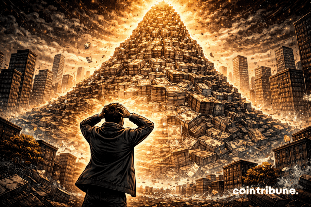 An IMF representative facing a mountain of debt.