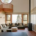 © Ulysse Lemerise / OSA images Le Grand Bercail House / L. McComber - Interior Photography, Living Room, Wood, Sofa, Lighting, Chair