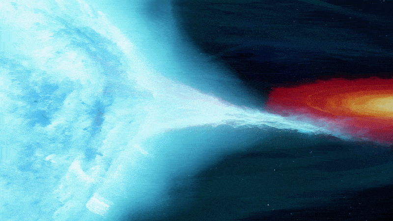 Looped animation footage showing the black hole and its dancing jets ripping stellar material away from a giant blue star