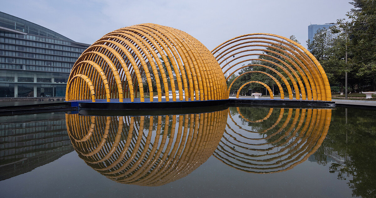 H&P architects forms bamboo-like pavilion of glazed ceramic tiles