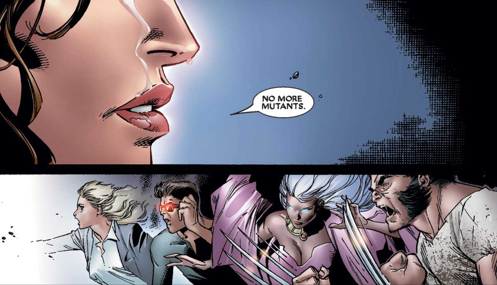 Wanda Maximoff/Scarlet witch depowers most of the world’s mutants by saying “No more mutants,” in House of M #7, Marvel Comics (2005).
