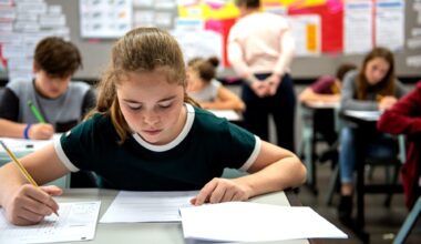 Students in a classroom taking a test, focused on their papers. A teacher observes in the background, ensuring a quiet environment.