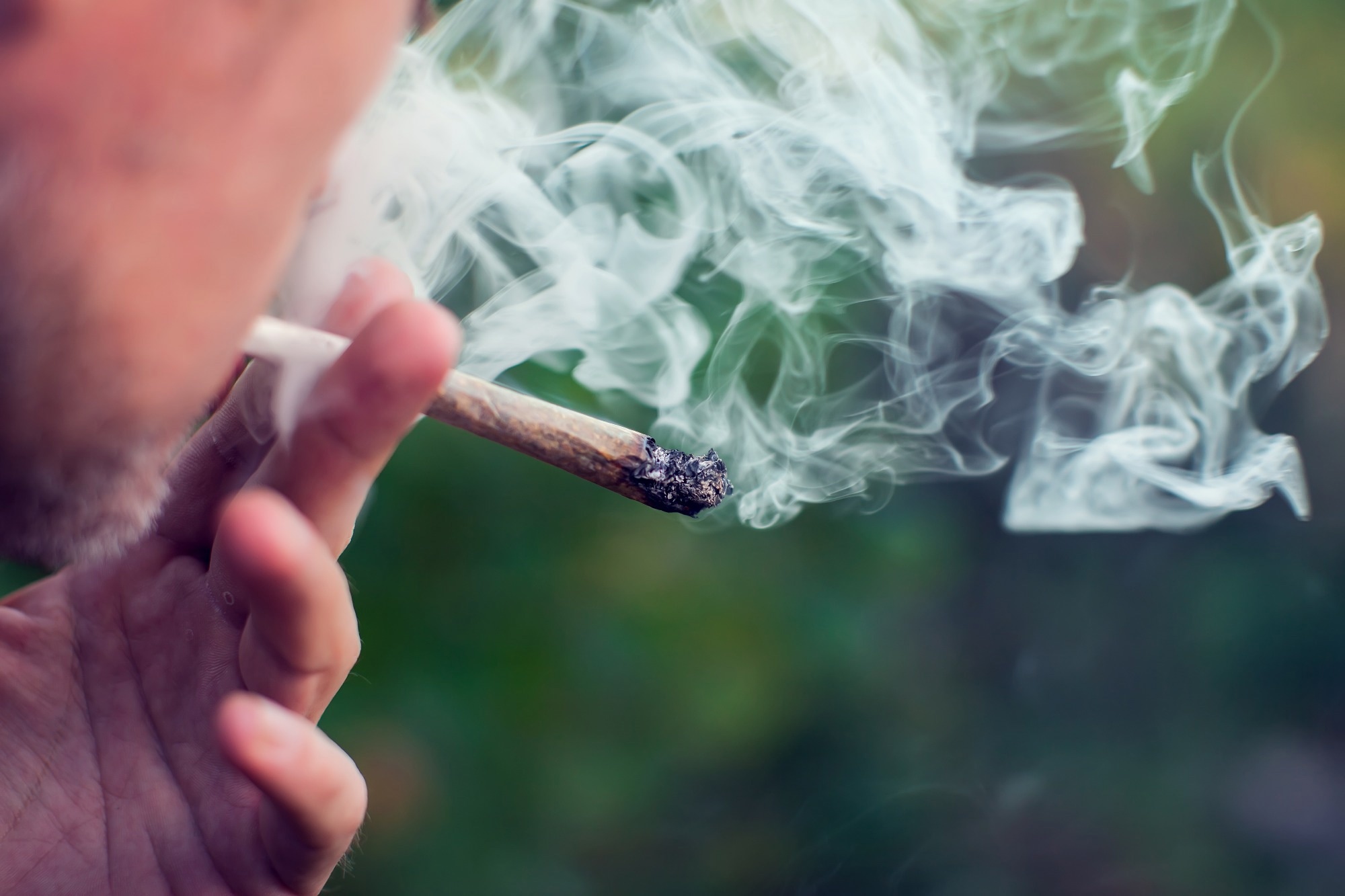 Young man smokes a joint of cannabis