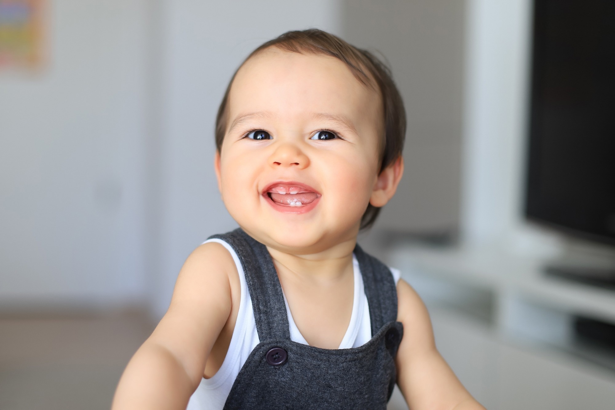 Headshot portrait of cute smiling baby with first milk teeth. Mixed race Asian-German infant laugh and having fun at home. Happy and healthy child about 9-10 months old.