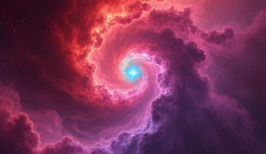 A blue sparkle of light at the center of the image is surrounded by orange, red and purple clouds swirling outward.
