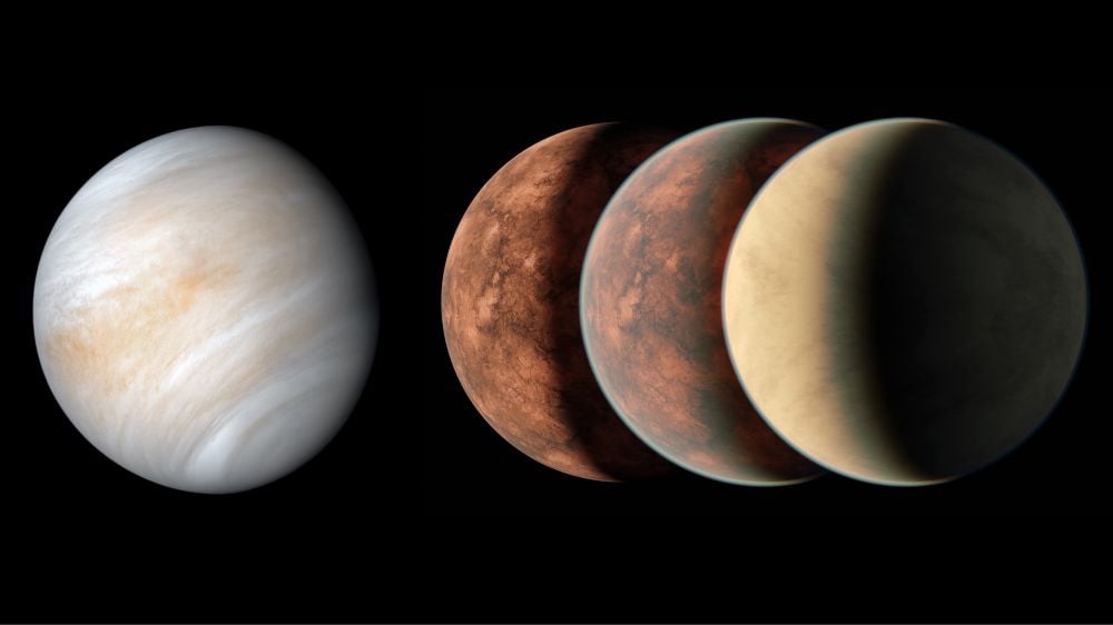 This image shows Venus on the left and three possible atmospheres on a recently discovered exoplanet, Gliese 12b. Arid planets like Gliese 12b, even ones in habitable zones, may not have enough liquid water for habitability. Water plays an important role in Earth's carbonate-silicate cycle, which is responsible for moderating the planet's temperature. But rainfall is a critical part of the cycle, and arid planets with low water abundances may not be able to resist a greenhouse climate state. This may have been what happened with Venus. Image Credit: NASA/JPL-Caltech/R. Hurt (Caltech-IPAC)
