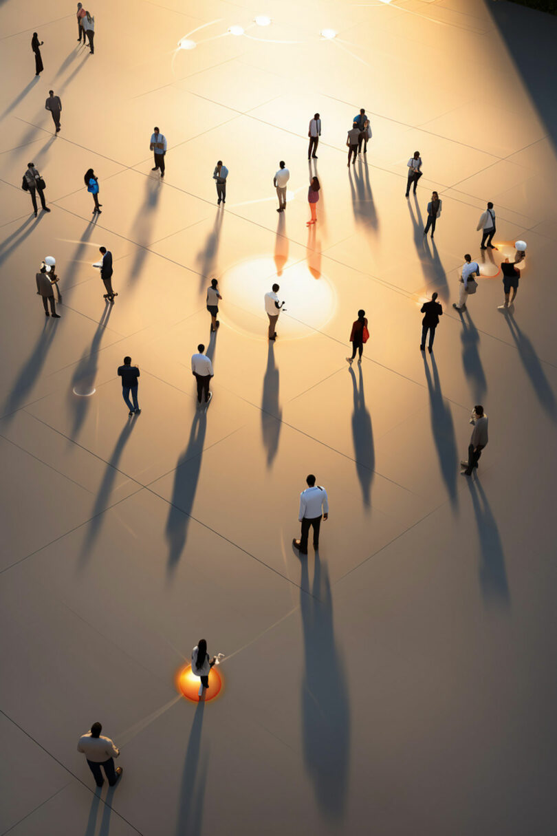 A group of people stand spaced apart on a sunlit surface, casting long shadows in different directions.