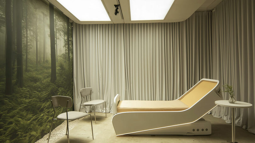 Modern relaxation room with a sleek adjustable bed, two chairs, a small table with a plant, gray curtains, and a wall mural of a misty forest.