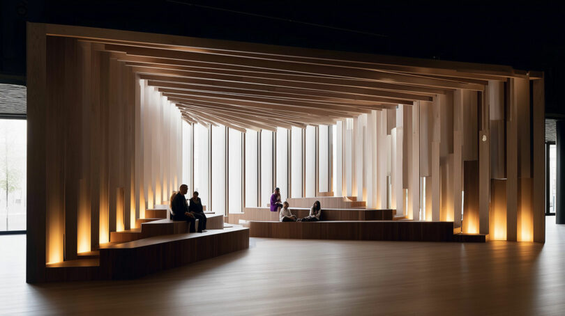 Several people sit and talk on tiered wooden seating inside a modern structure with vertical slats and ambient lighting. Large windows allow natural light into the space.