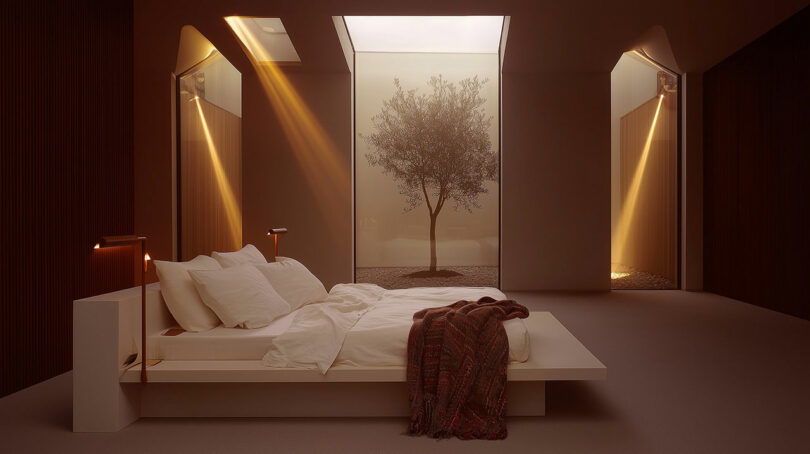 Minimalist bedroom with an unmade bed, a blanket draped on the side, and natural light streaming through skylights onto a tree outside a large window.