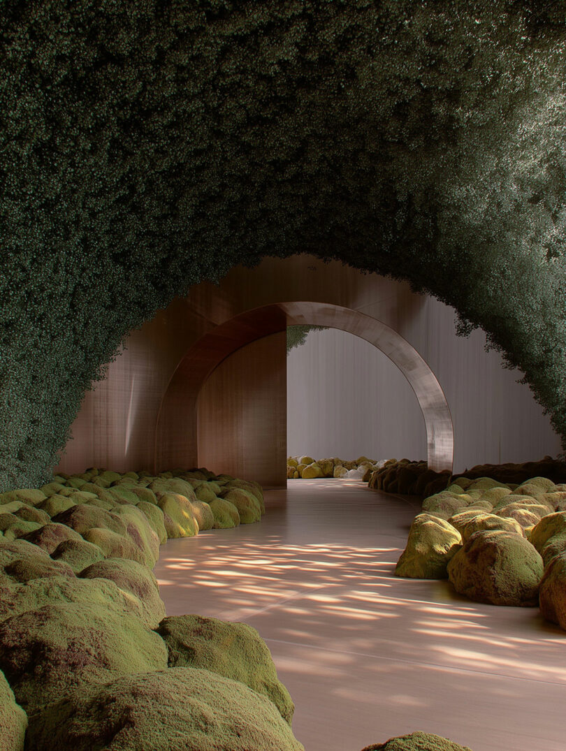 A room with a ceiling covered in green foliage, mossy rocks on the floor, and a large circular archway leading to another space.