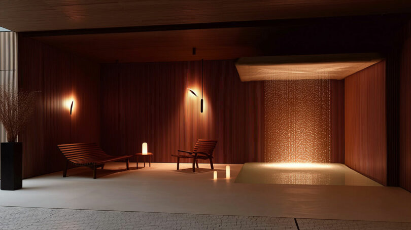 Minimalist spa lounge with two wooden chairs, a small table, soft lighting, and a water feature with cascading illuminated streams against dark wood-paneled walls.